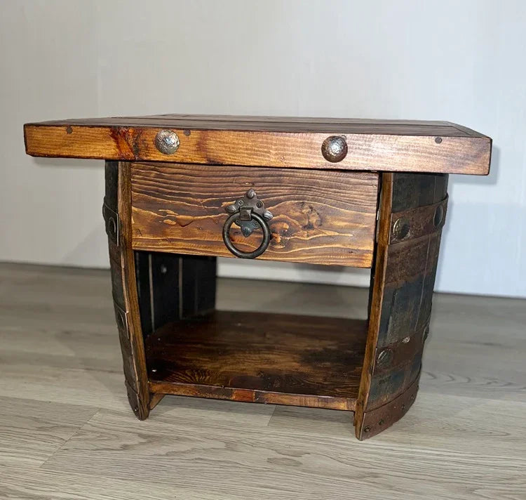 Whiskey Barrel Base End Table with rustic clavos and drawer pull - Your Western Decor