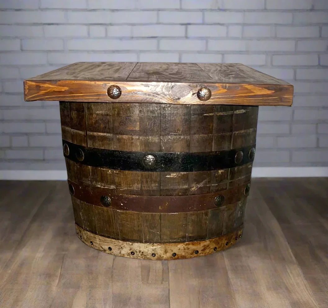 Rustic accent table made of whiskey barrel - Your Western Decor