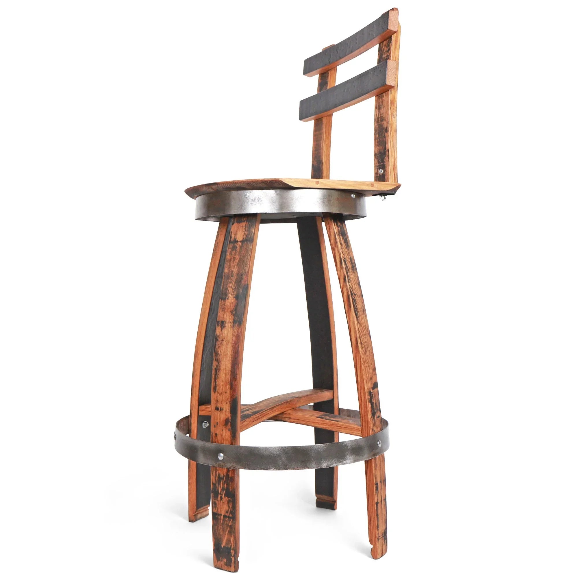 Full side view of Rustic Whiskey Barrel Stave Bar Stool, handmade in the USA - Your Western Decor