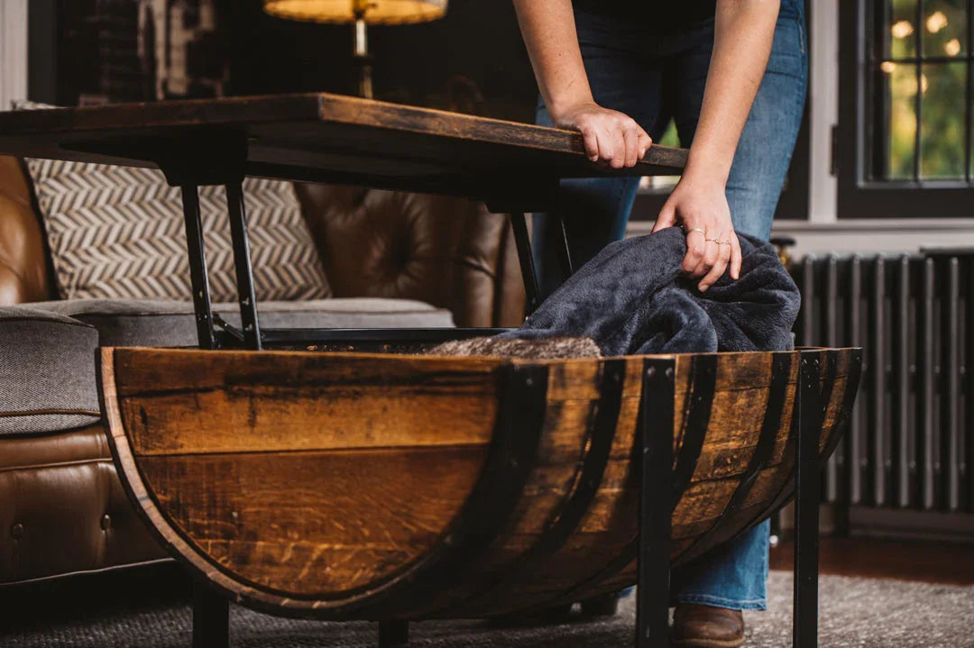 Rickhouse Whiskey Barrel Coffee Table handmade in Michigan USA - Raisable top with storage - Your Western Decor