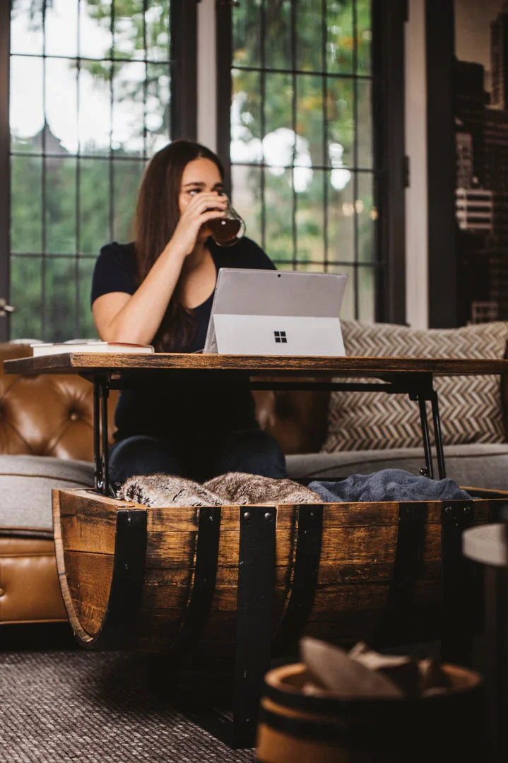 Rickhouse Whiskey Barrel Coffee Table handmade in Michigan USA - Raisable top with storage - Your Western Decor