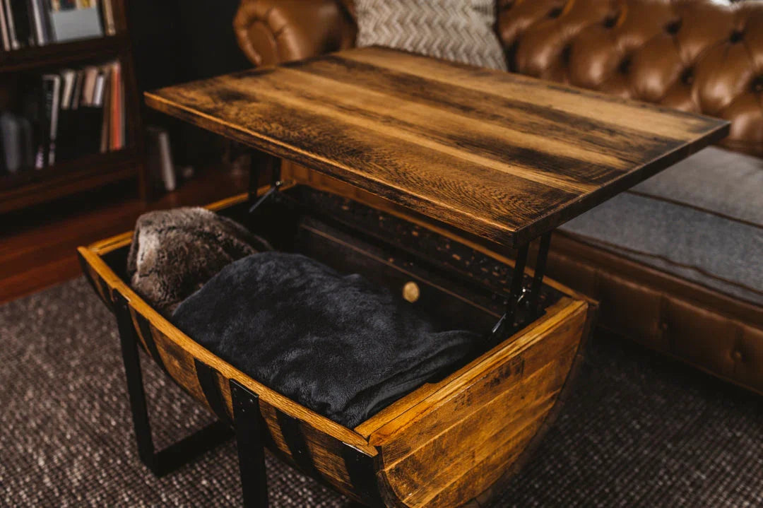 Rickhouse Whiskey Barrel Coffee Table handmade in Michigan USA - Raisable top with storage - Your Western Decor