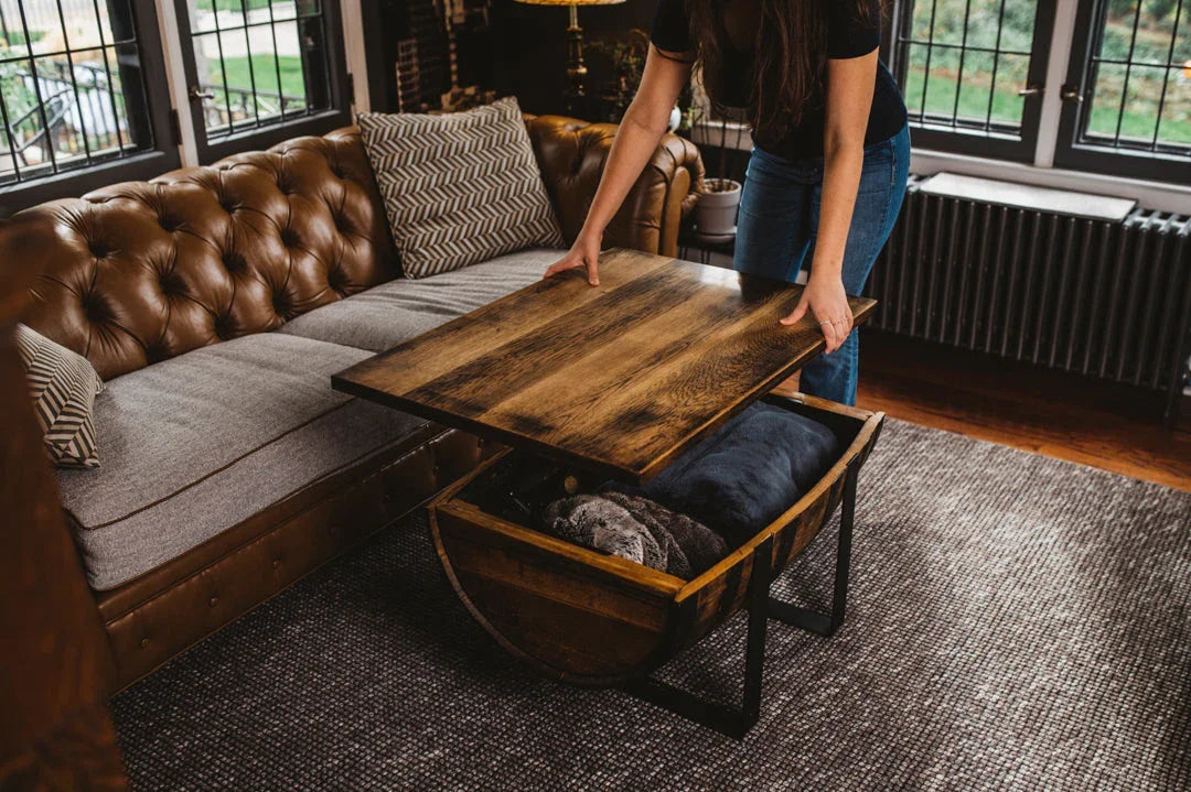 Rickhouse Whiskey Barrel Coffee Table handmade in Michigan USA - Raisable top with storage - Your Western Decor