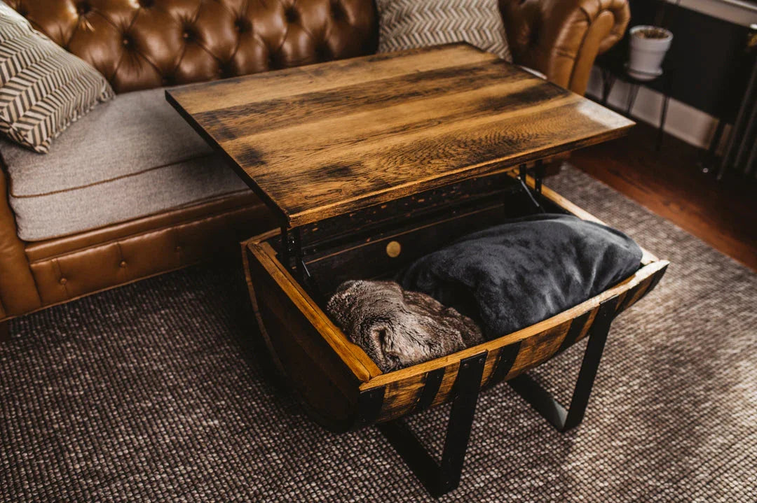 Rickhouse Whiskey Barrel Coffee Table handmade in Michigan USA - Raisable top with storage - Your Western Decor