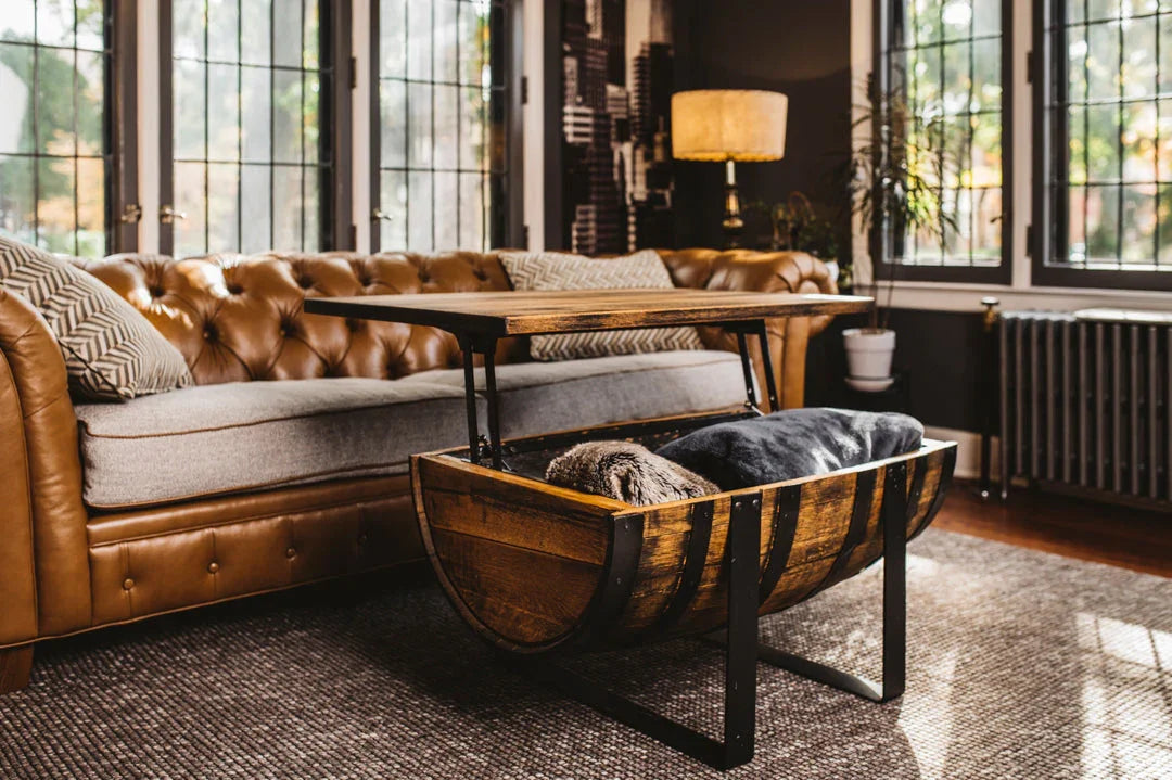 Rickhouse Whiskey Barrel Coffee Table handmade in Michigan USA - Raisable top with storage - Your Western Decor