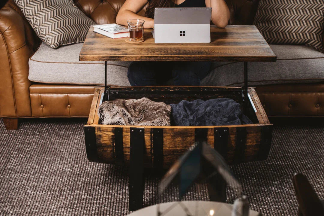 Rickhouse Whiskey Barrel Coffee Table handmade in Michigan USA - Raisable top with storage - Your Western Decor