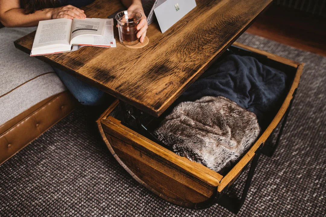 Rickhouse Whiskey Barrel Coffee Table handmade in Michigan USA - Raisable top with storage - Your Western Decor