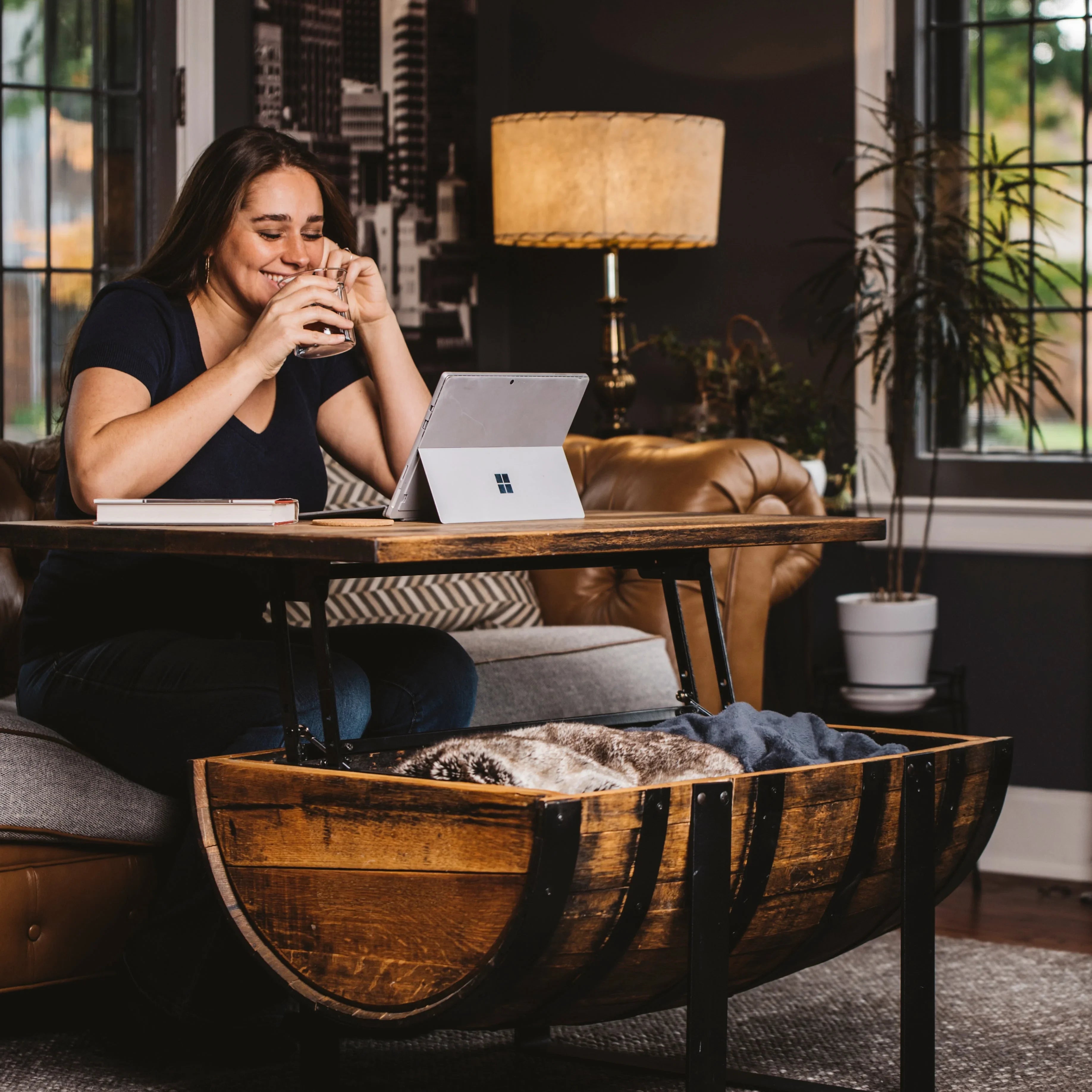 Rickhouse Whiskey Barrel Coffee Table handmade in Michigan USA - Raisable top with storage - Your Western Decor