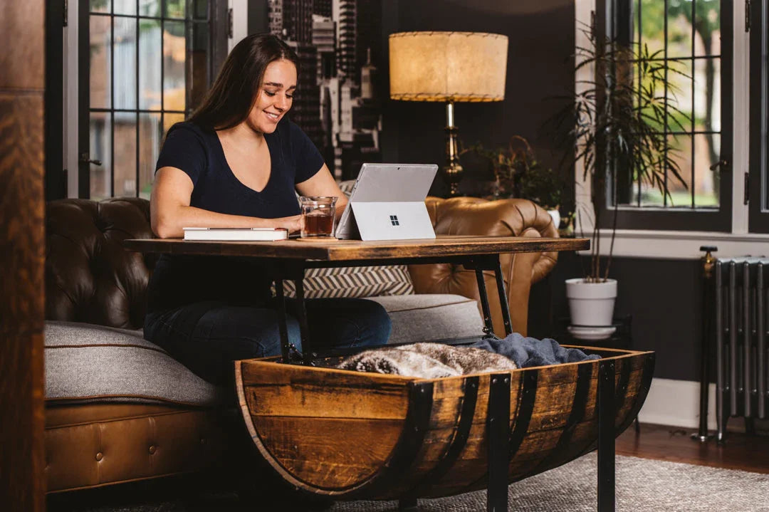 Rickhouse Whiskey Barrel Coffee Table handmade in Michigan USA - Raisable top with storage - Your Western Decor