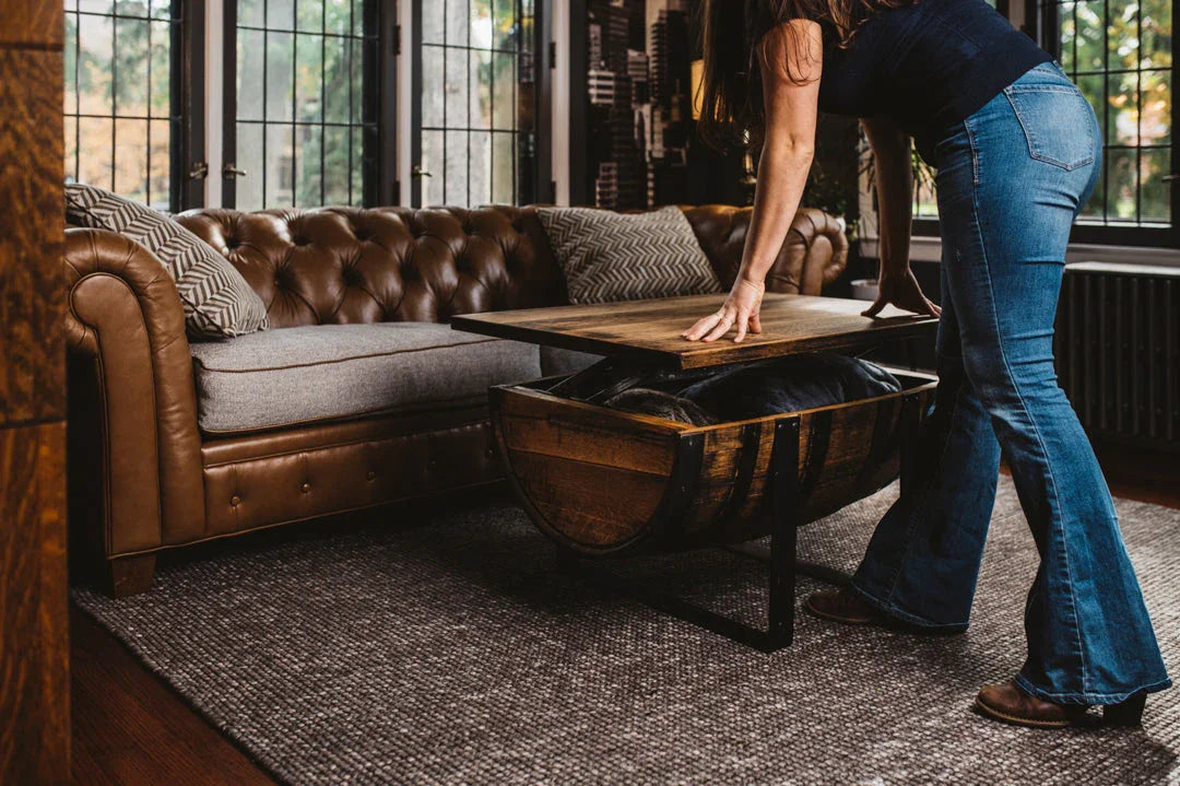Rickhouse Whiskey Barrel Coffee Table handmade in Michigan USA - Raisable top with storage - Your Western Decor
