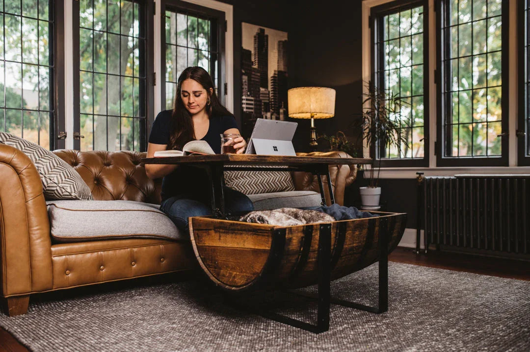 Rickhouse Whiskey Barrel Coffee Table handmade in Michigan USA - Raisable top with storage - Your Western Decor