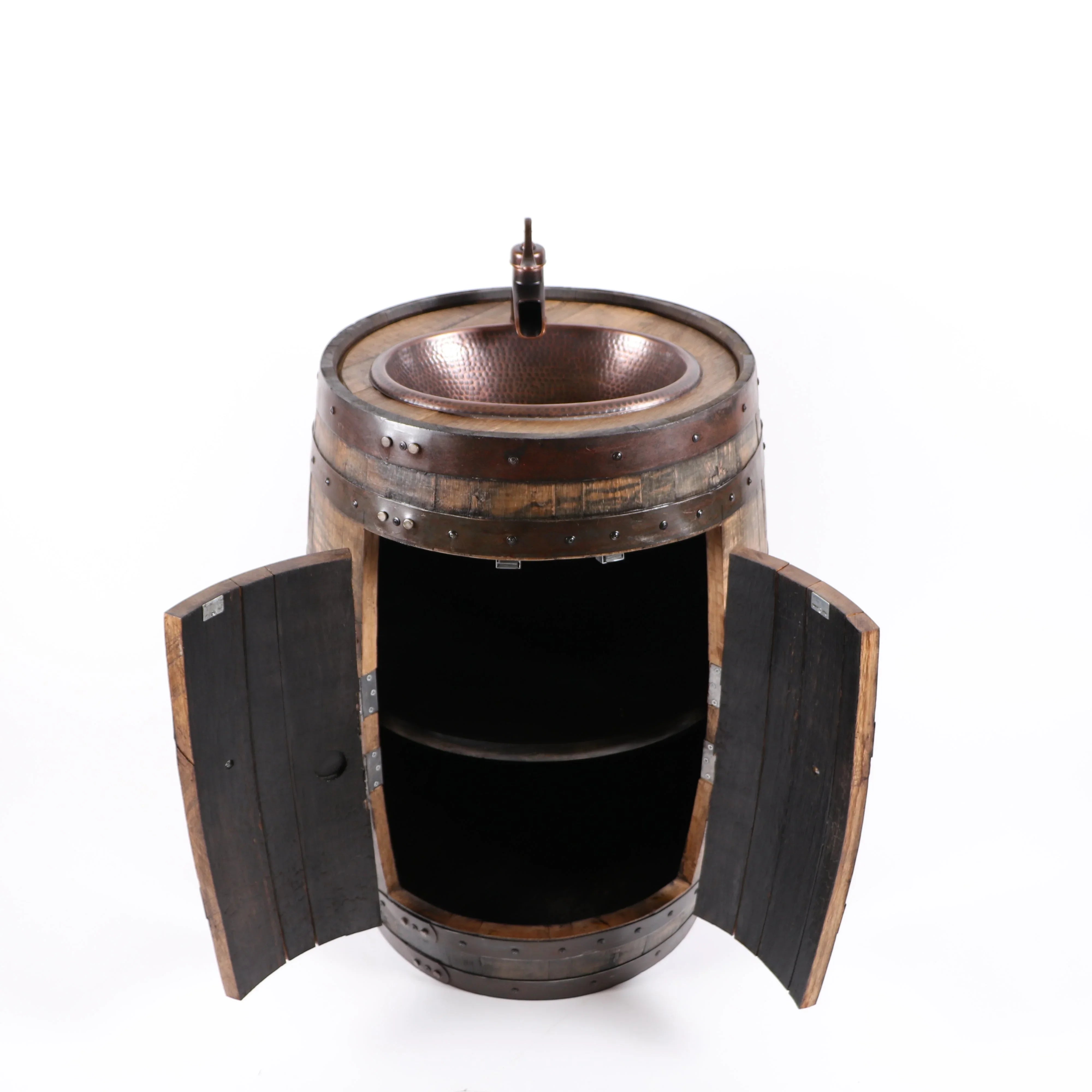 Whiskey barrel vanity with cabinet doors open - Your Western Decor