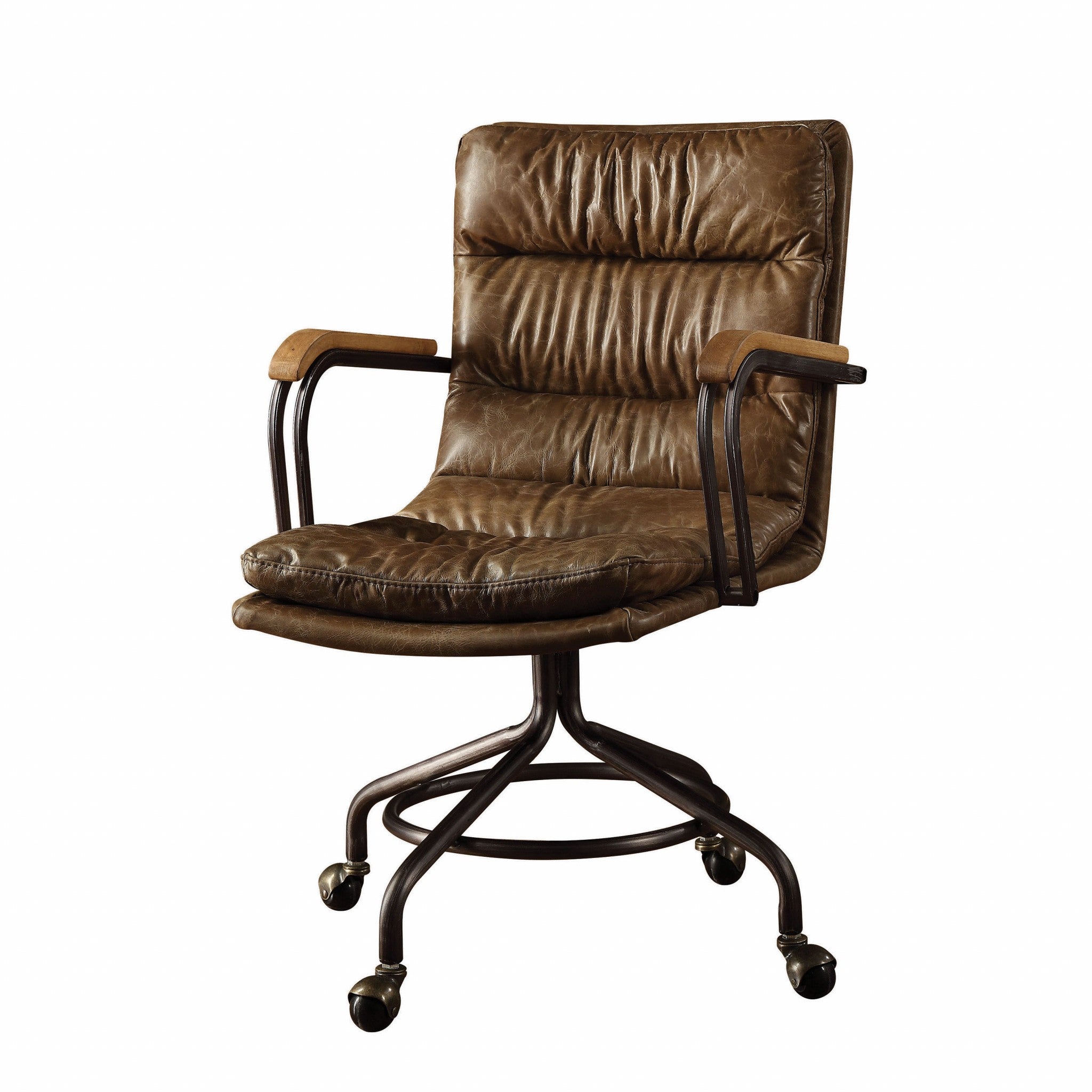 Vintage brown leather office chair with iron frame, wood armrests and wheeled
