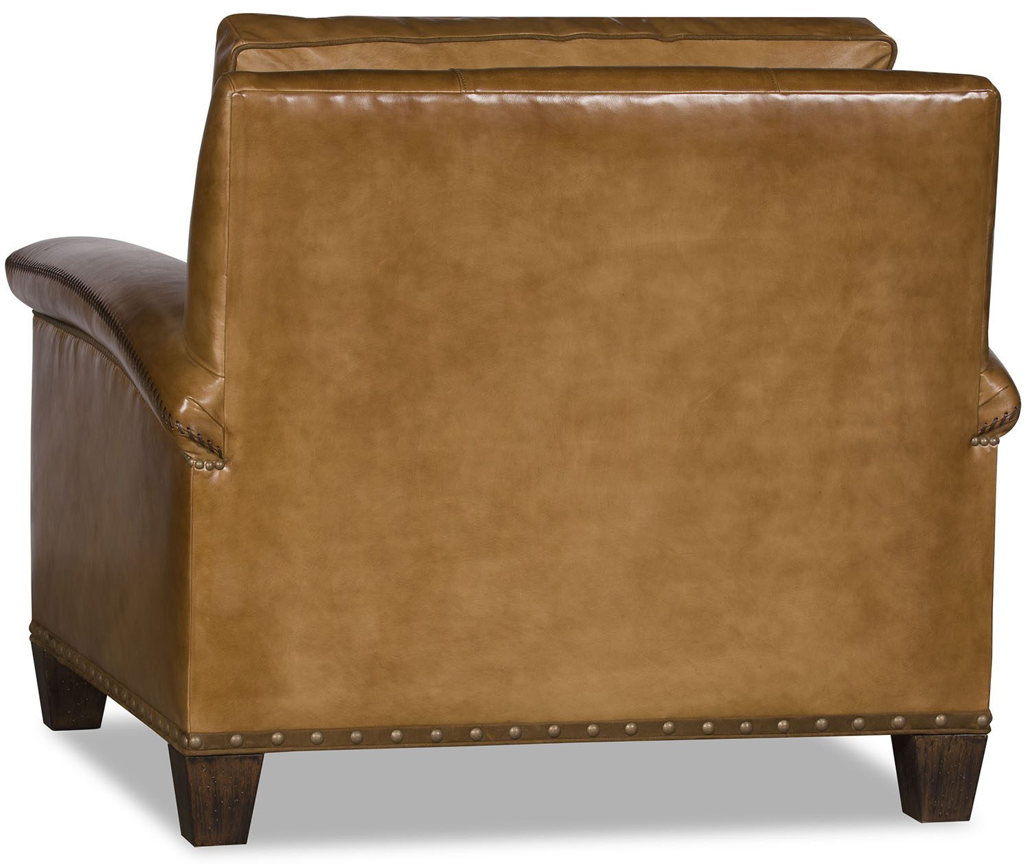 Back of Whiskey Range Leather Western Armchair with nail and gimp trim made in the USA