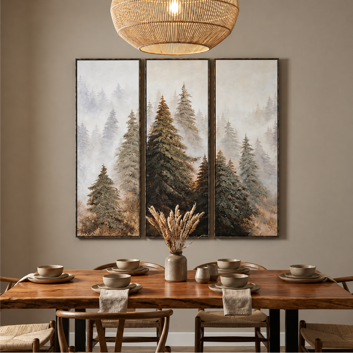 A three-panel framed wall art set depicting a misty evergreen forest hangs above a wooden dining table set with bowls and chairs in a warm, modern dining room.
