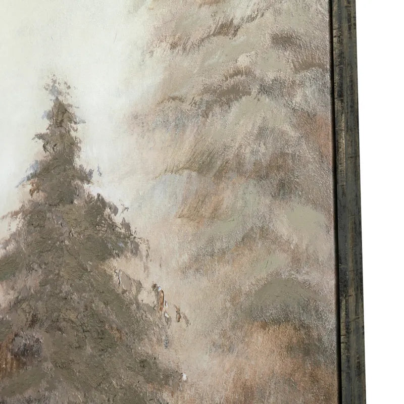 A close-up of a textured landscape painting showing a dark pine tree on the left and misty mountains in muted gray, beige, and brown tones, with a dark wooden frame edge visible on the right.