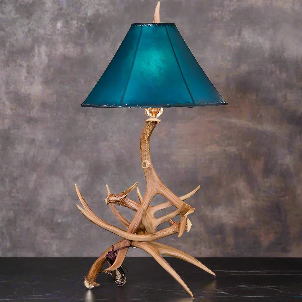 Whitetail antler table lamp with teal rawhide shade - Your Western Decor