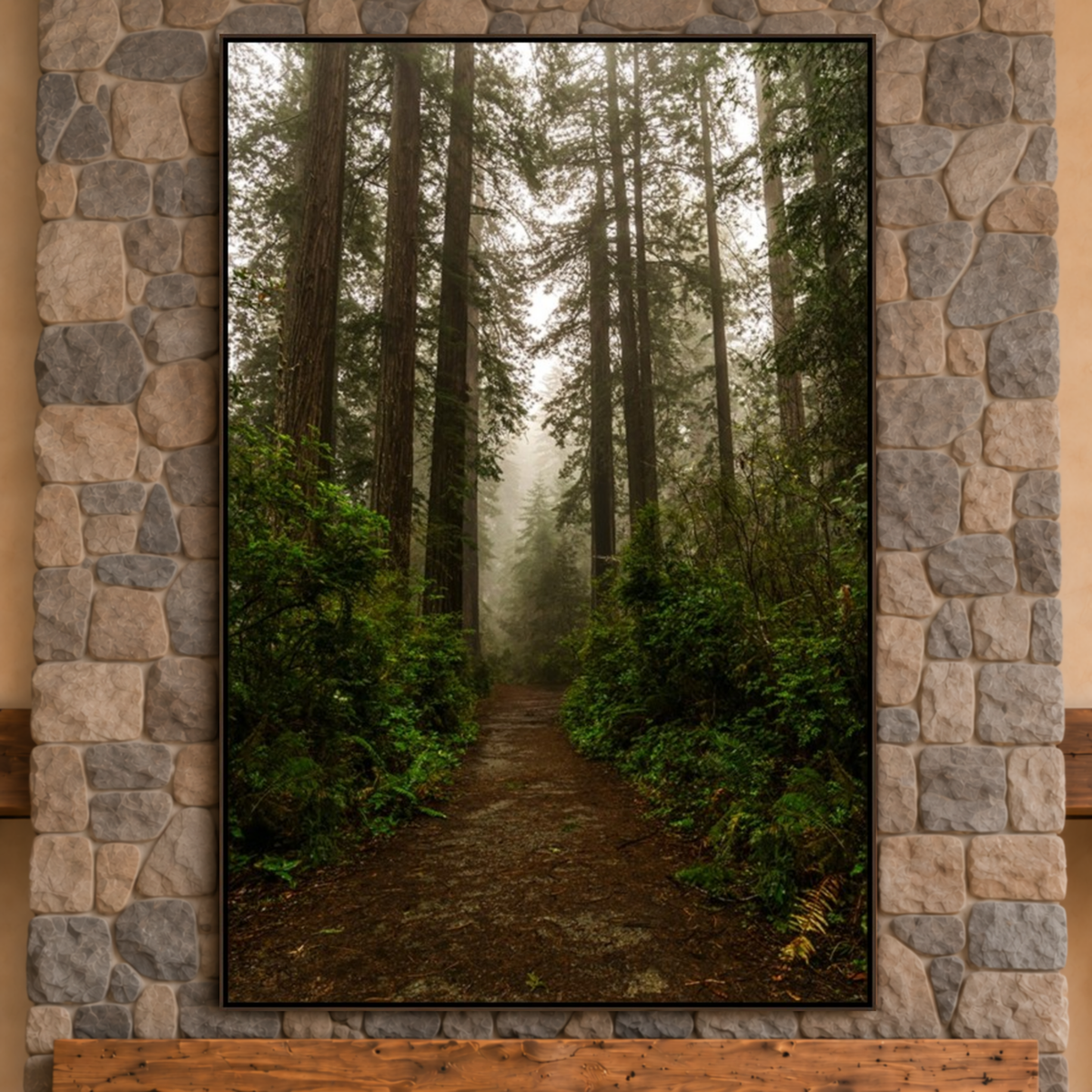 Mountain walking path through timber and bushes, American made framed canvas art