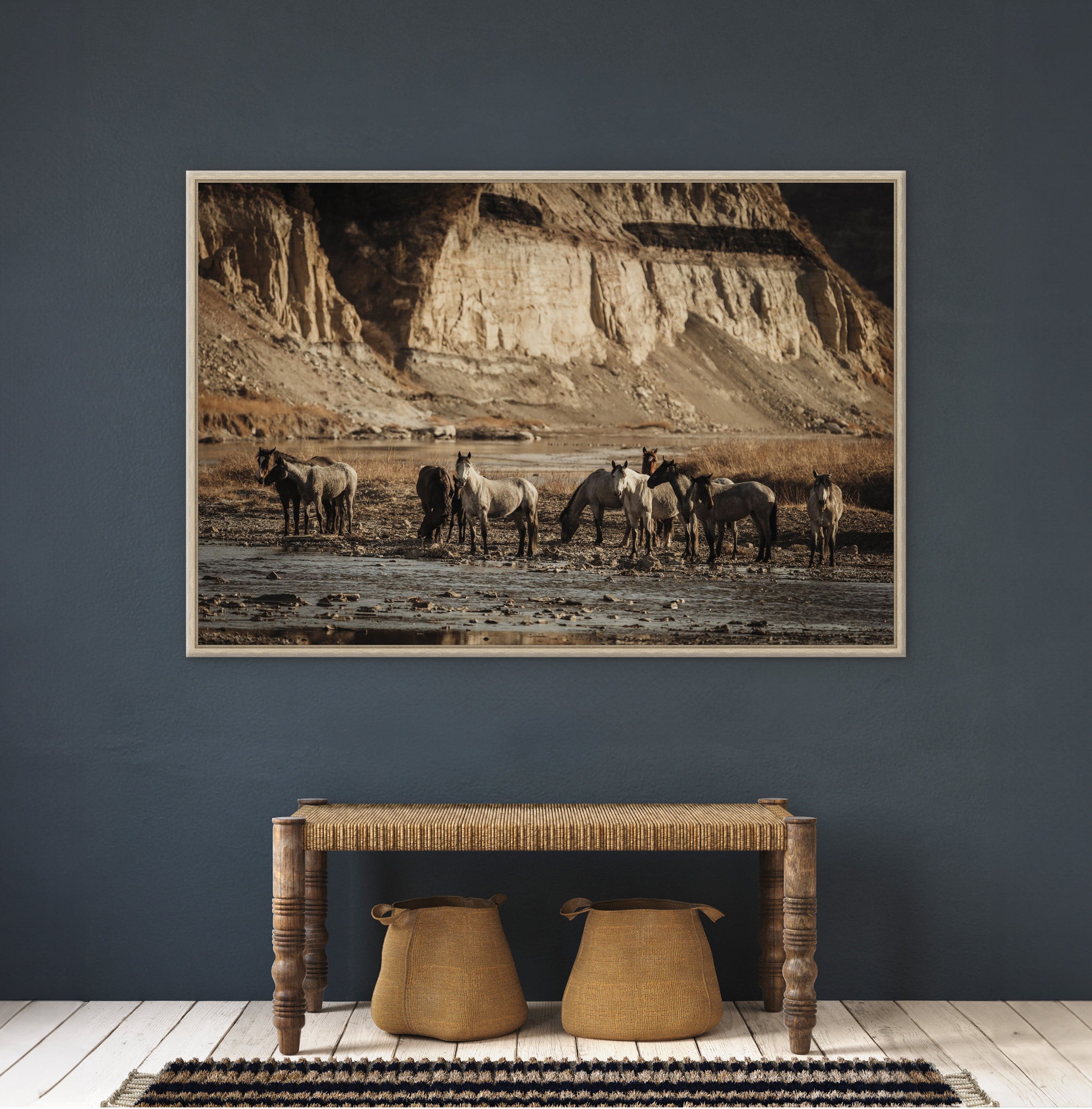 Landscape framed print of wild horses at water - Your Western Decor