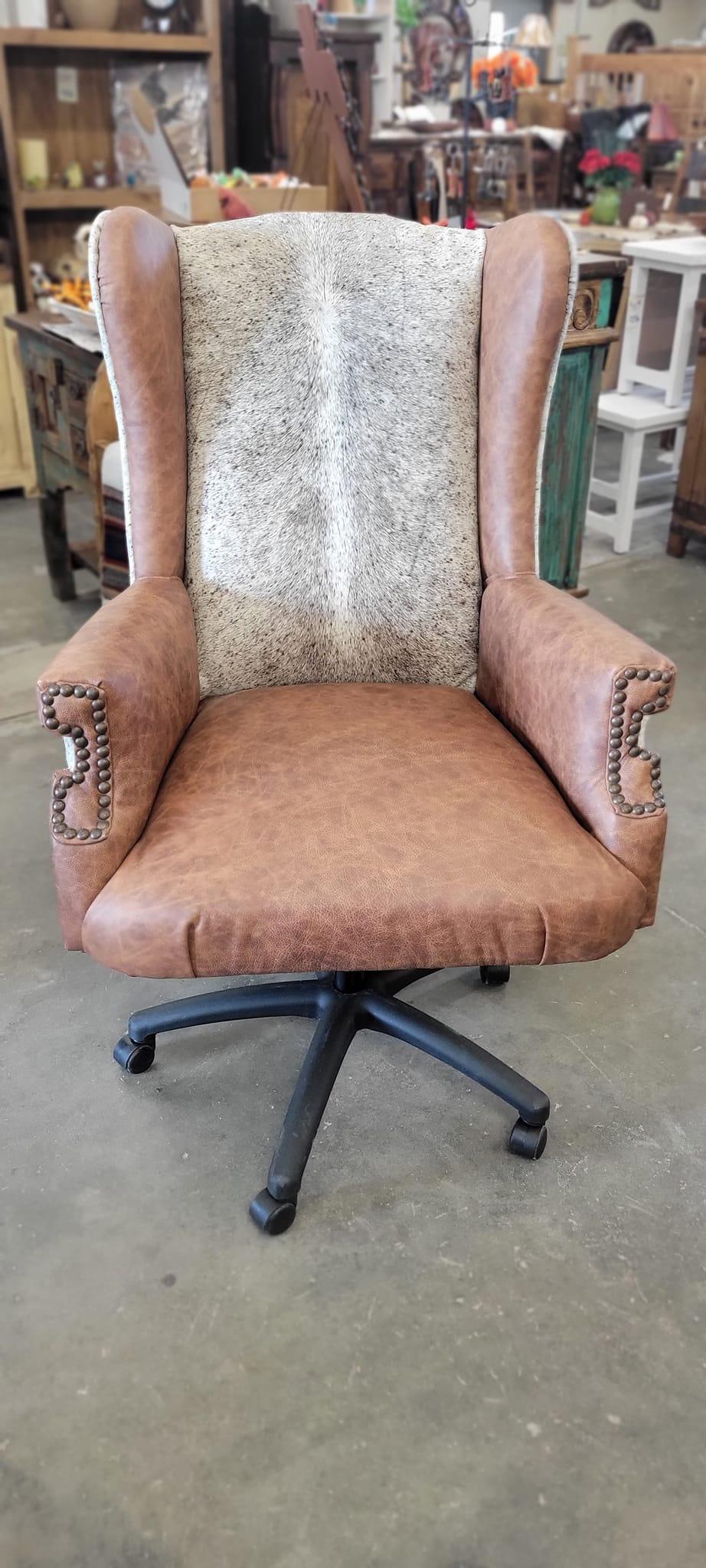 Custom made western wingback desk chair in cowhide and leather - Your Western Decor