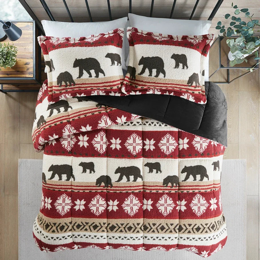 Winter Cabin Sherpa Comforter Set in rust red, ivory, tan, and dark brown with bears and snowflakes - Your Western Decor