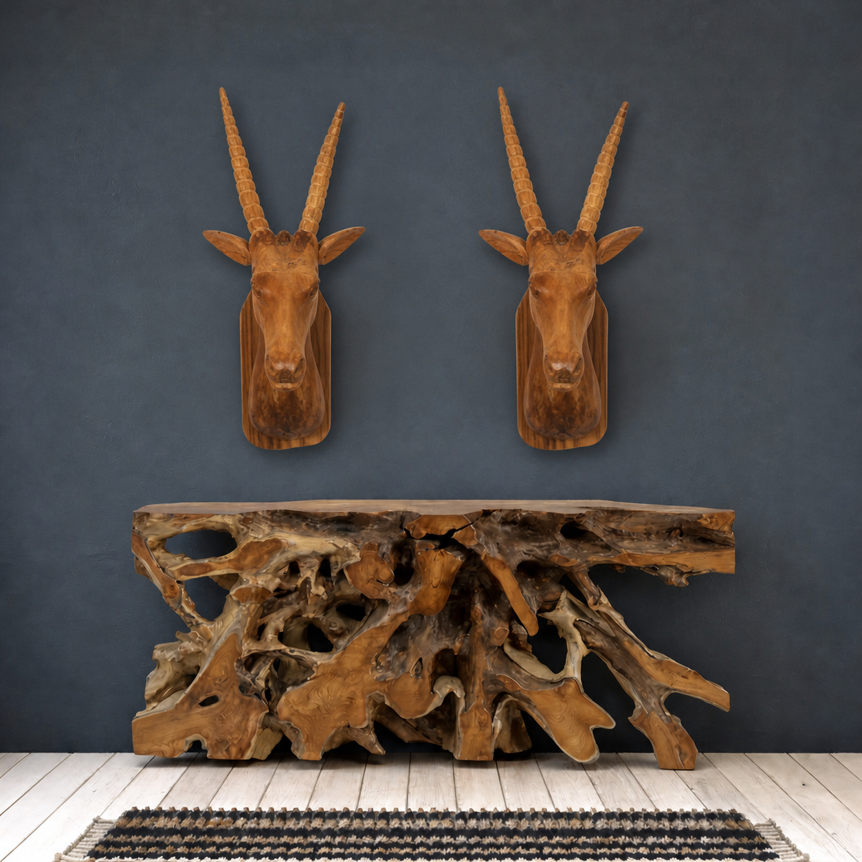 wood antelope wall mount in rustic lodge interior above console table