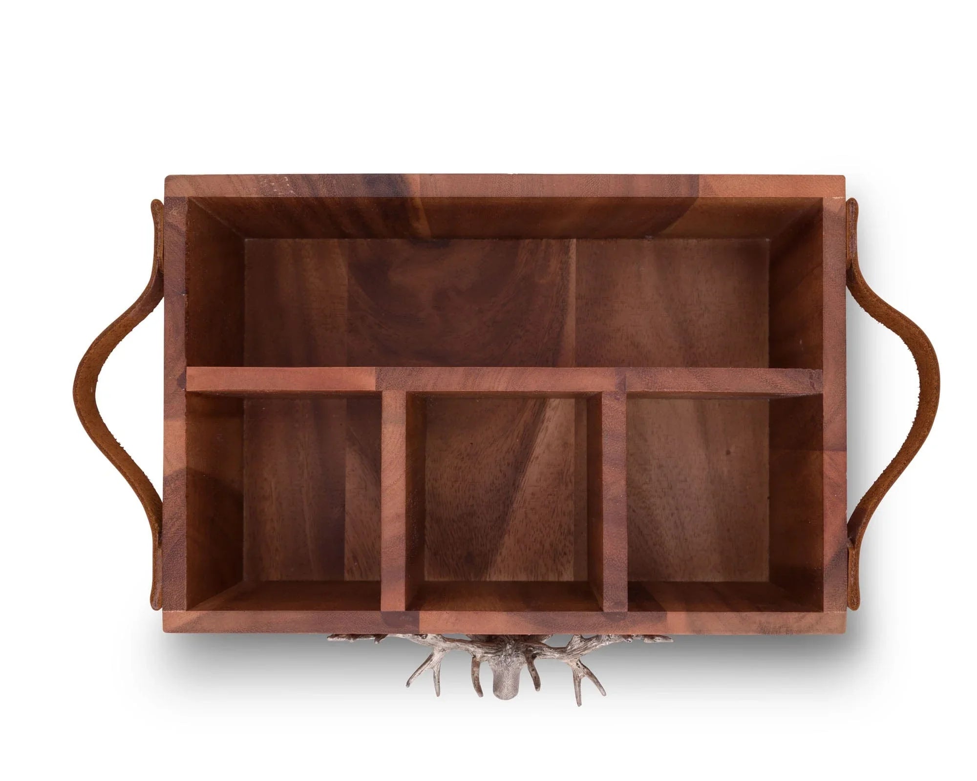 Acacia wood caddy with leather handles and pewter elk on front, inside view - Your Western Decor