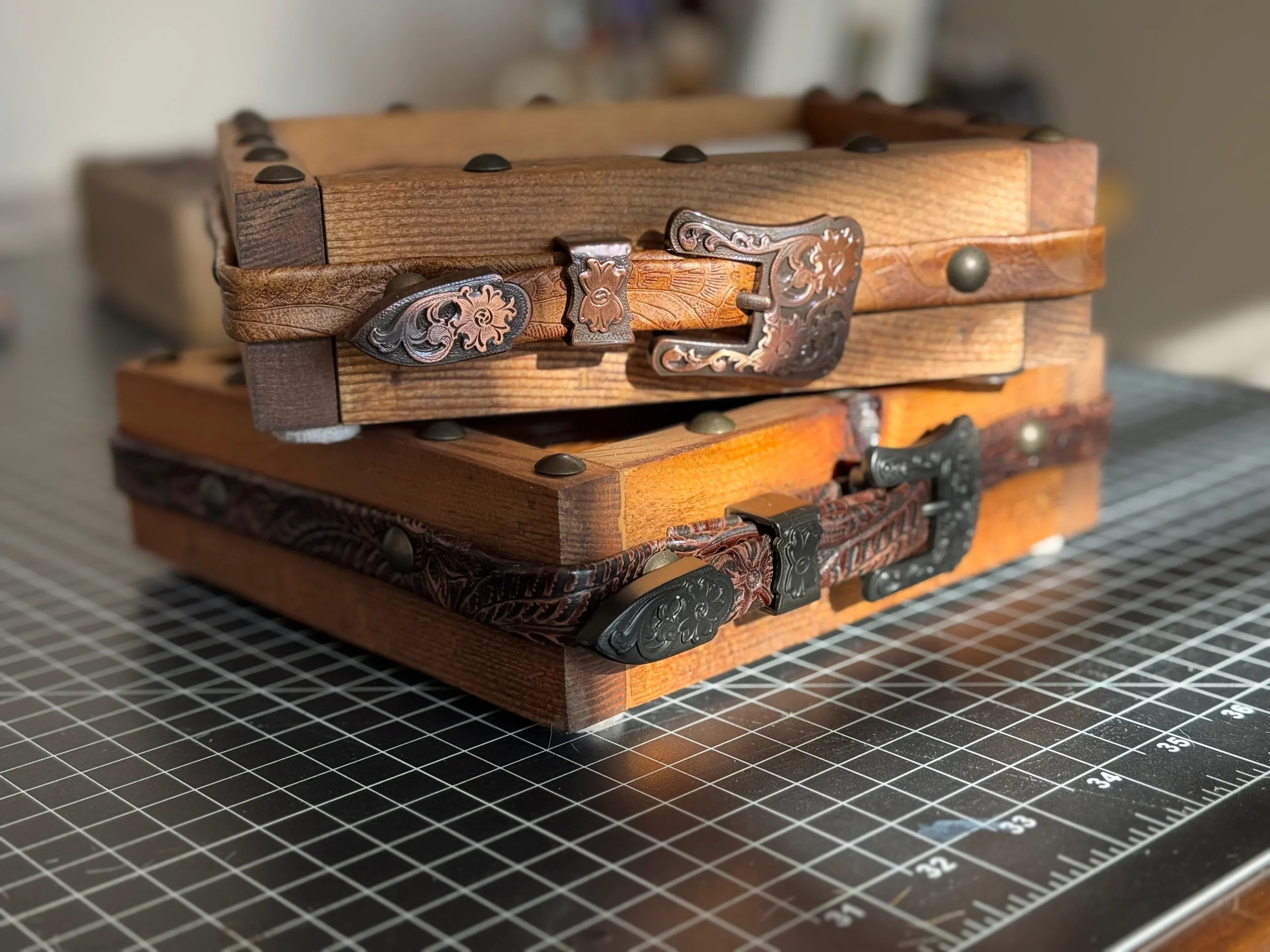 Handmade box and belts for holding/displaying cowhide coasters - Handmade in Oregon - Your Western Decor