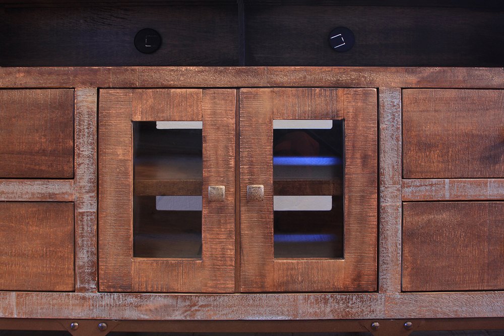 rustic industrial TV stand with drawers and cabinet storage