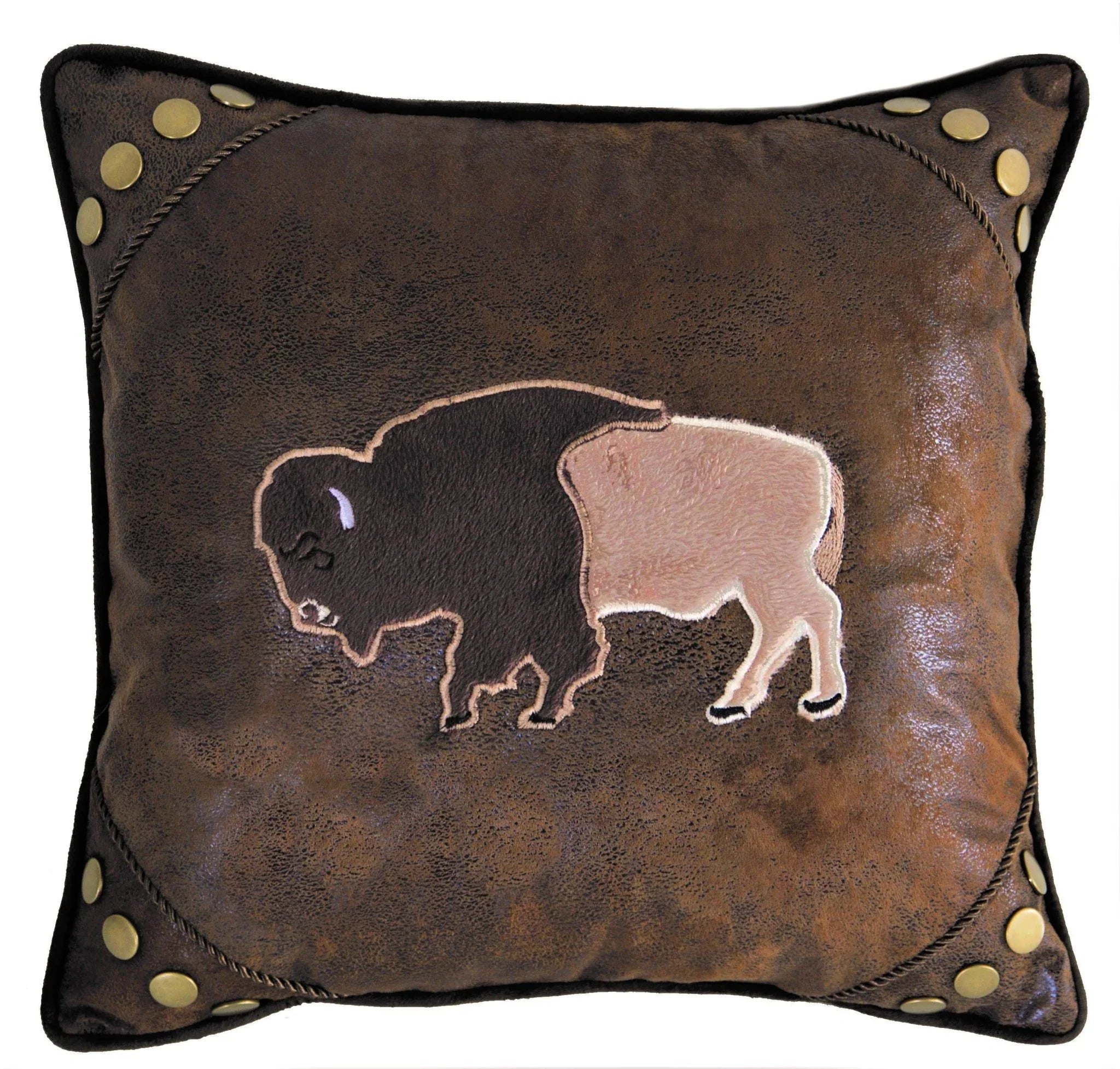 Dark brown faux leather accent pillow with buffalo, corner studs, and welt - Your Western Decor