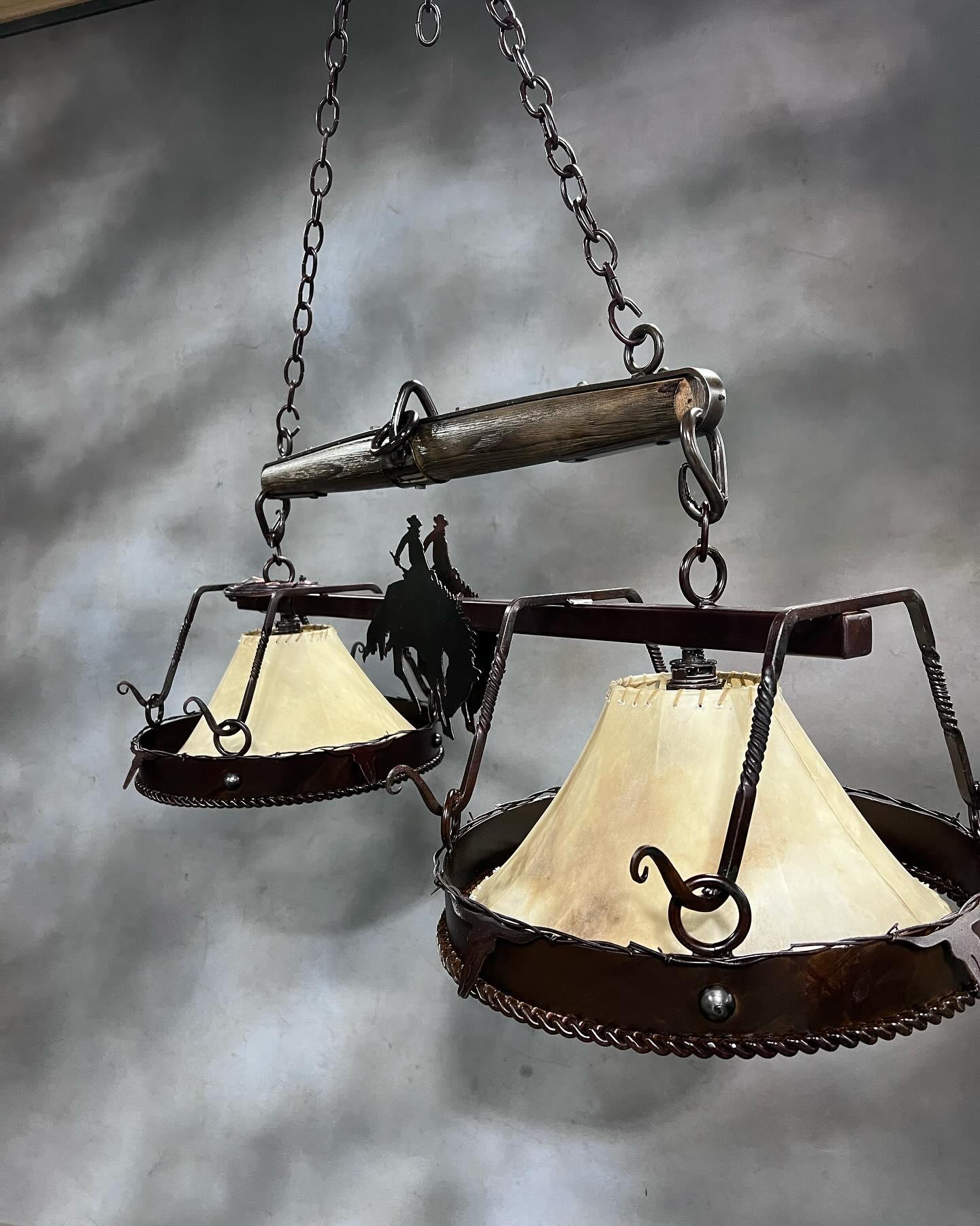 Wyoming Bronc Custom Made Island Light with Rawhide Shades - Your Western Decor
