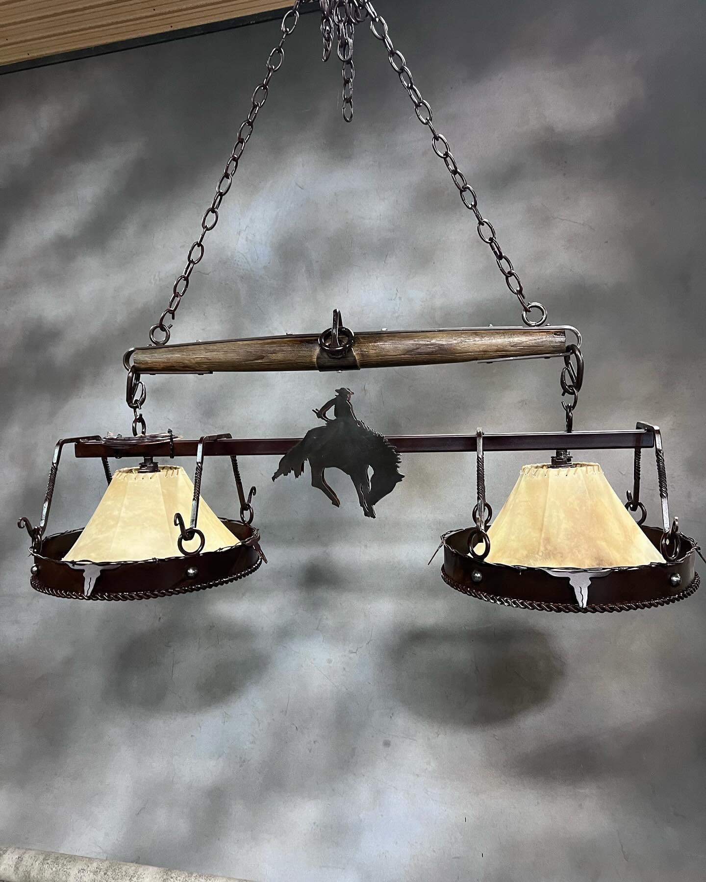 Wyoming Bronc Custom Made Island Light with Rawhide Shades - Your Western Decor