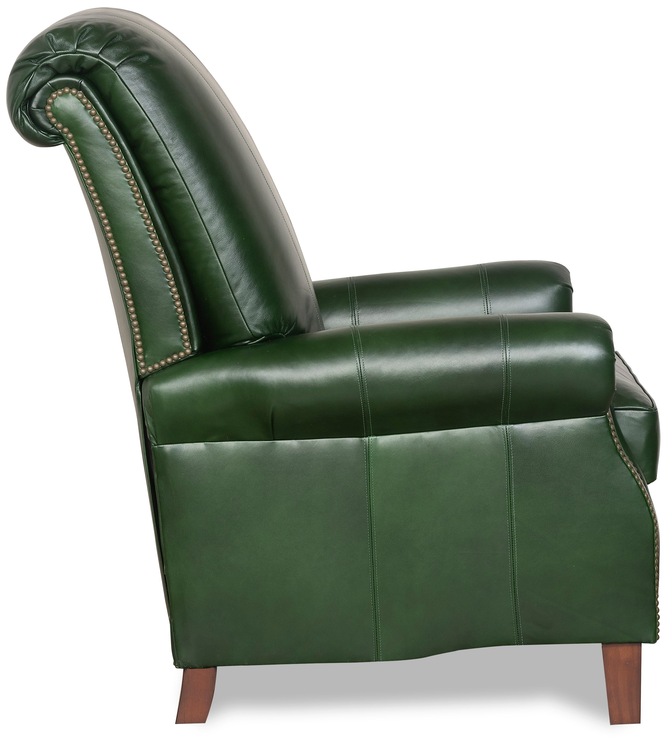 Side view of Oversized top grain leather recliner with rolled arms and nailhead trim