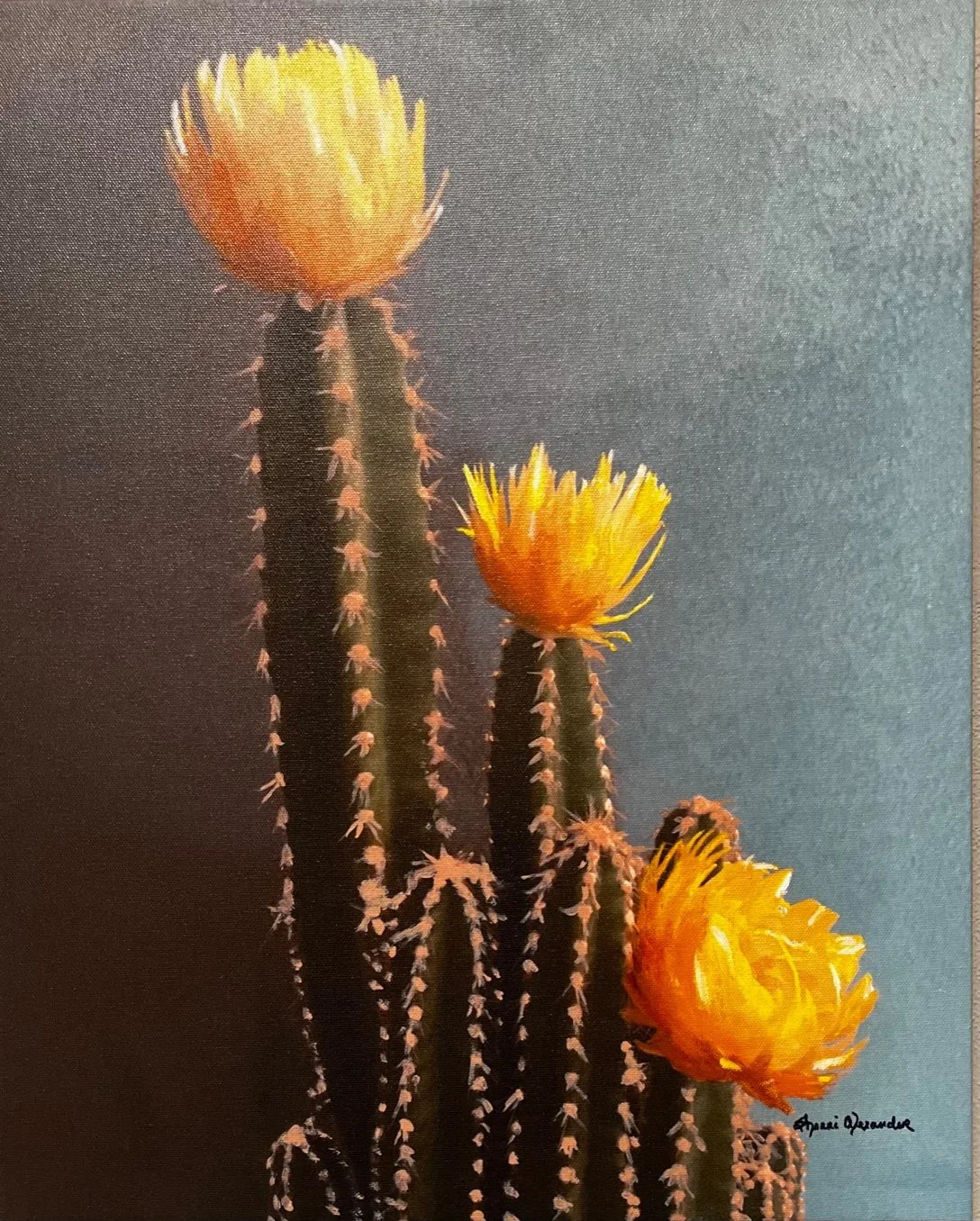 Cactus with yellow flowers against a dark background, art by Sherri Alexander - Your Western Decor
