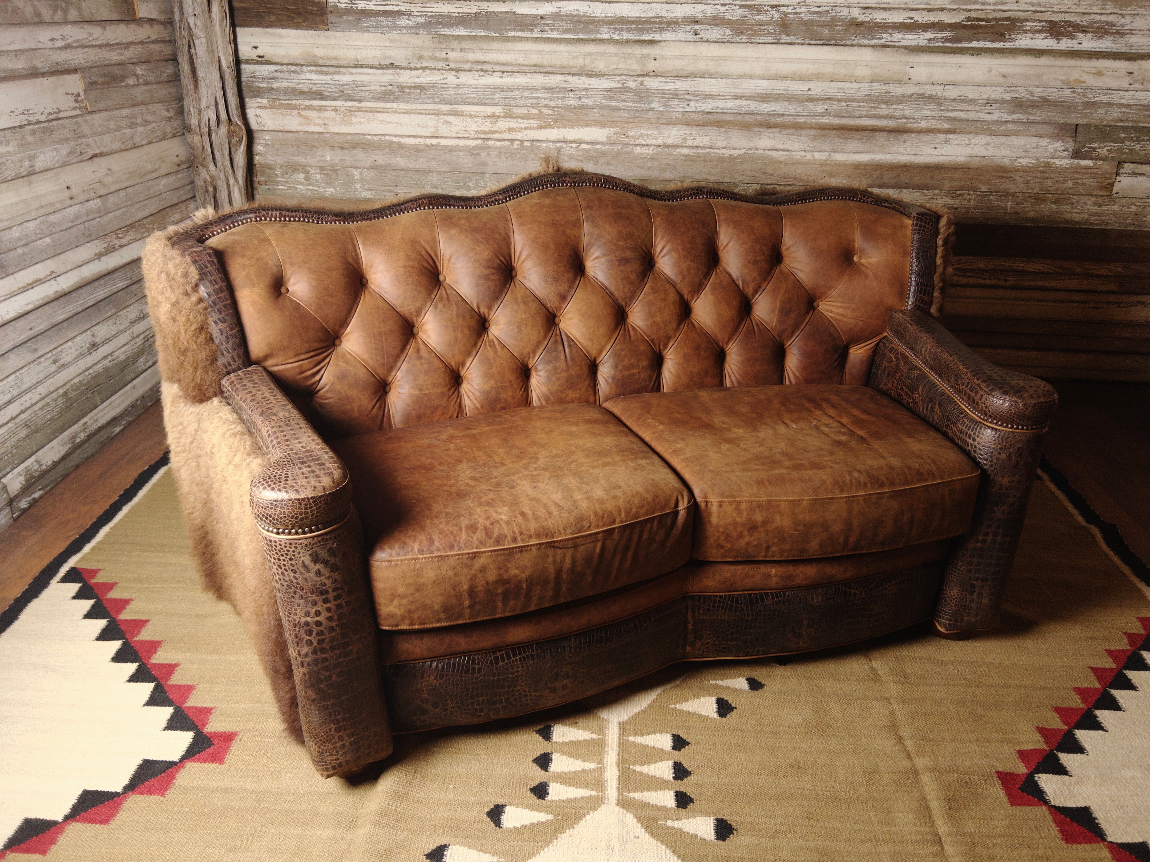 Yellowstone tufted leather loveseat with buffalo hide and croc embossed leather - Your Western Decor