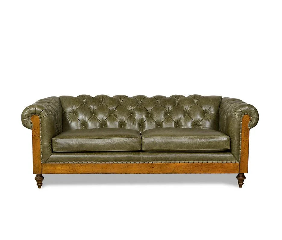 Green leather Chesterfield sofa with exposed wood frame, American made