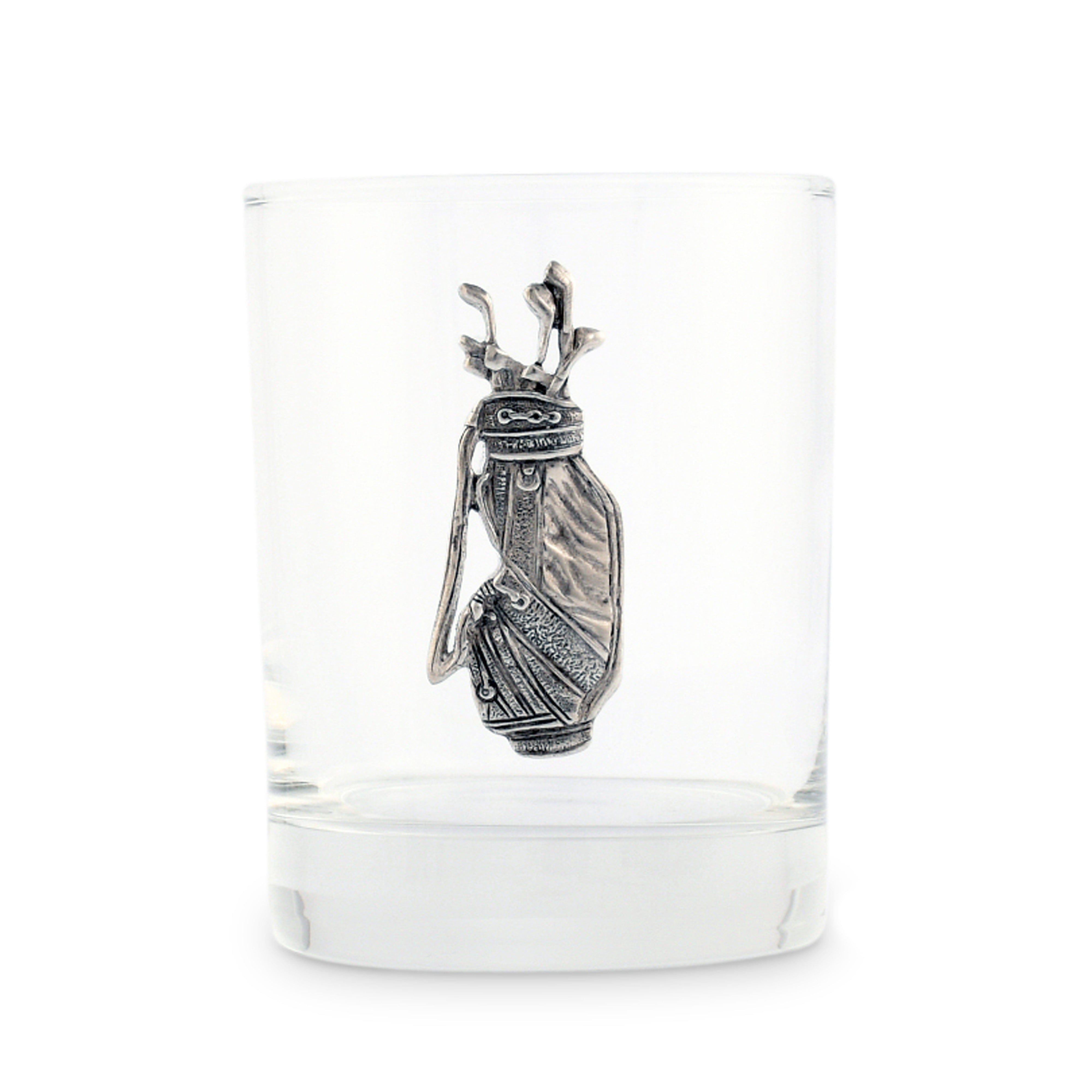Clear glass with a silver golf bag design on a white background