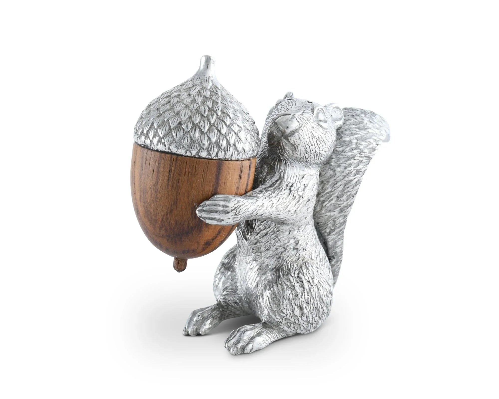 Silver squirrel salt shaker figurine holding a wooden pepper shaker acorn on a white background