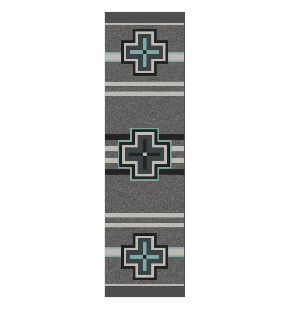 Southwest grey and turquoise runner rug. Made in the USA. Your Western Decor