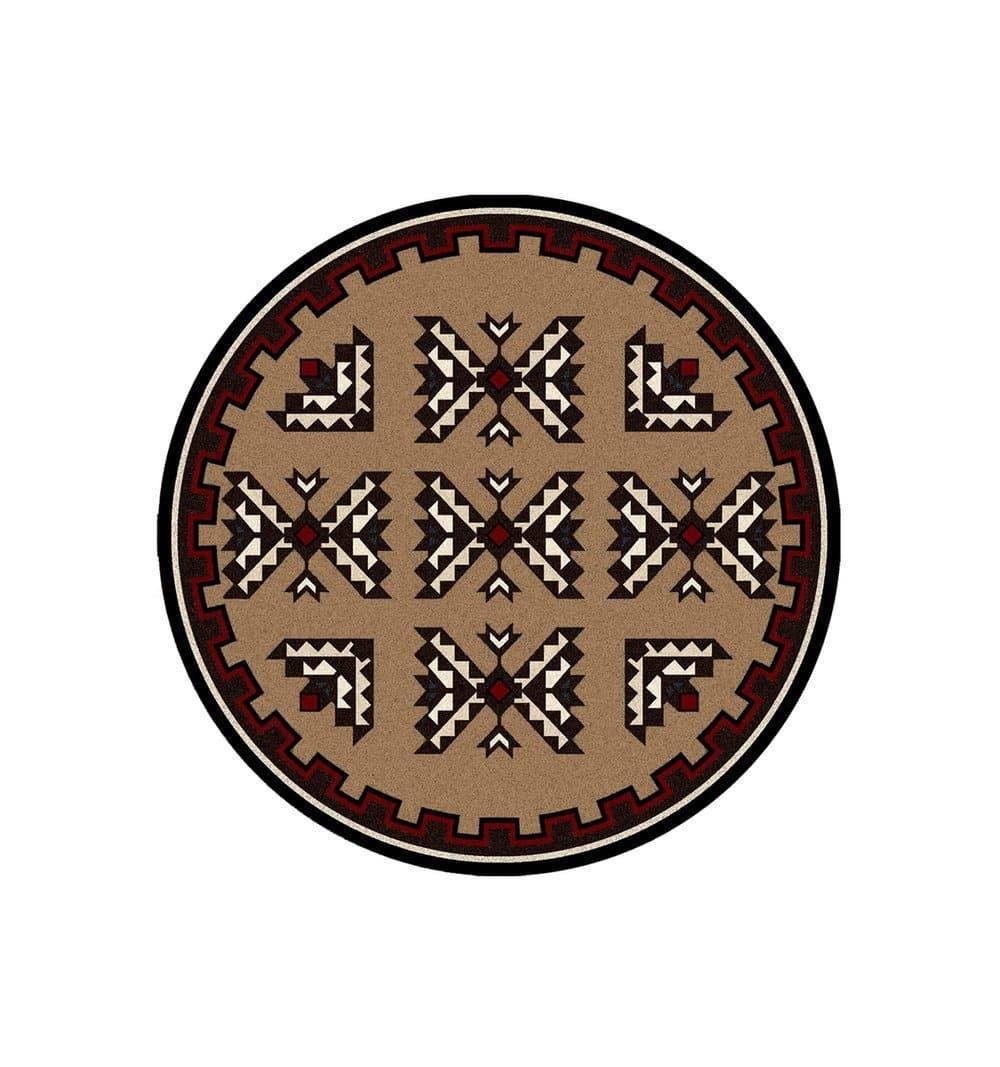 American made round area rug in brown with black, red, white and blue colors - Your Western Decor