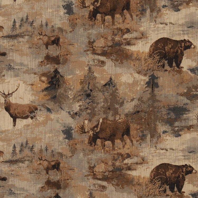 Daybreak wildlife fabric with bear, moose, and deer neutral color tones - Your Western Decor