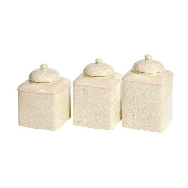 floral embossed cream ceramic square canister set of 3