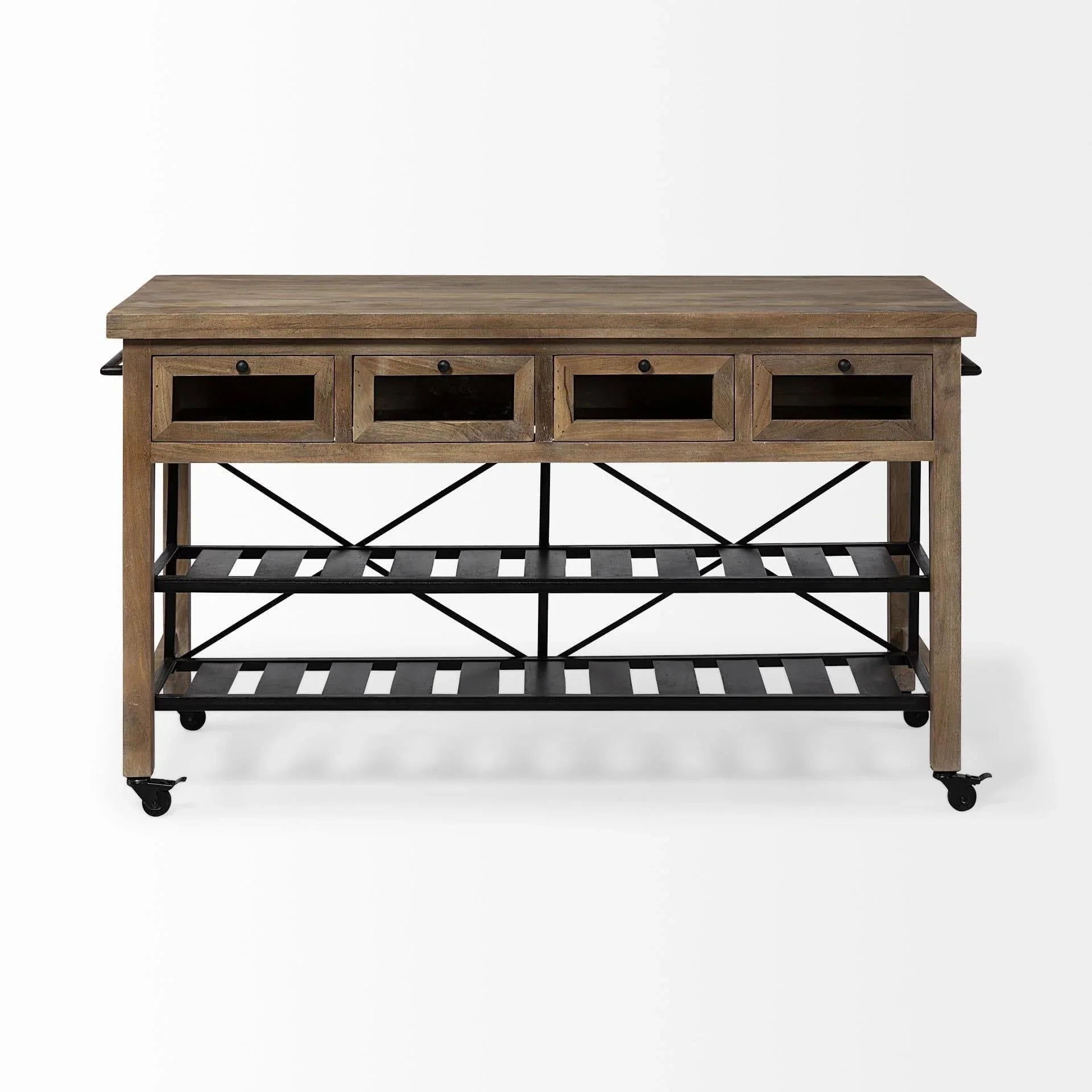 Brown Solid Wood Top Kitchen Island with Two Tier Black Metal Rolling - Your Western Decor, LLC