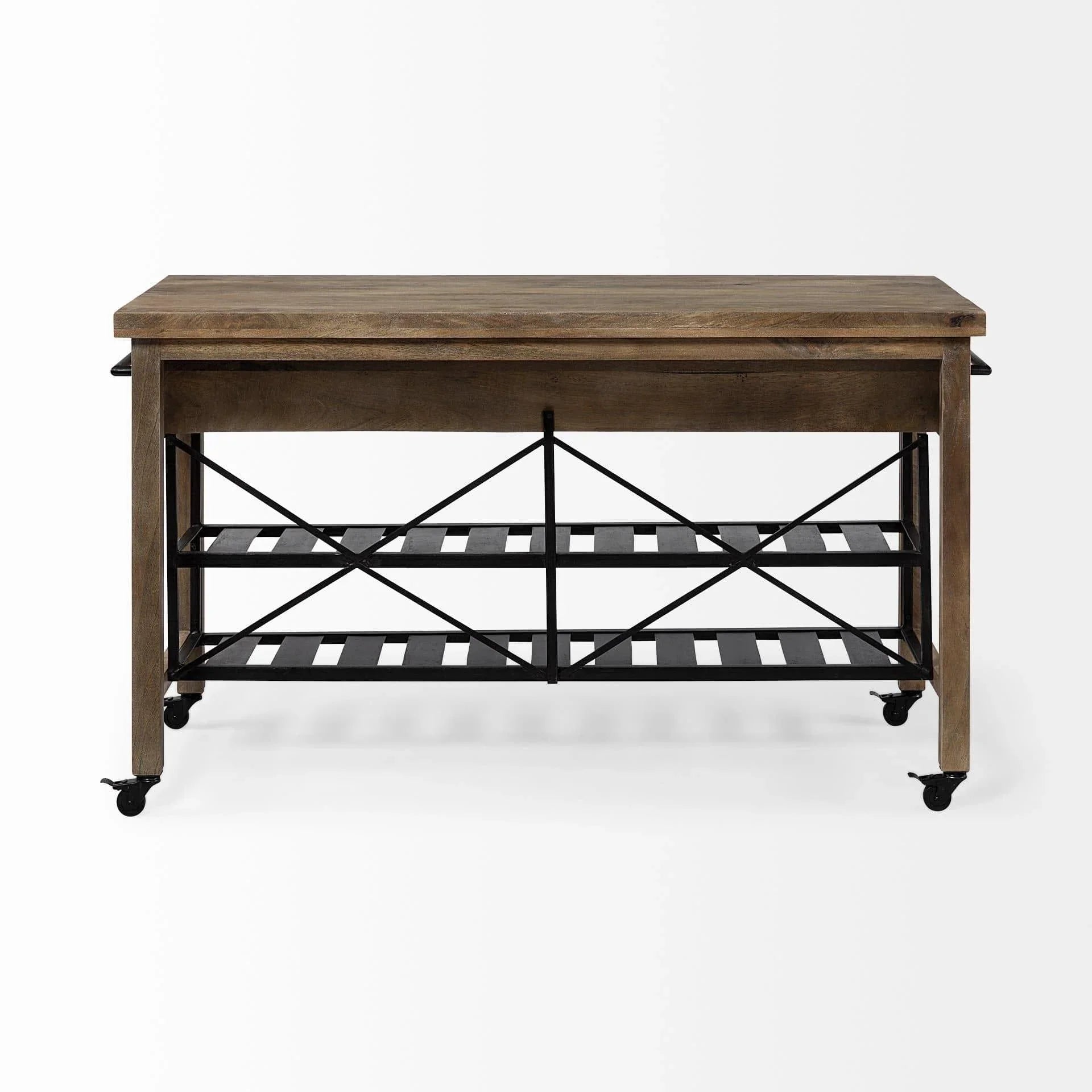 Brown Solid Wood Top Kitchen Island with Two Tier Black Metal Rolling - Your Western Decor, LLC
