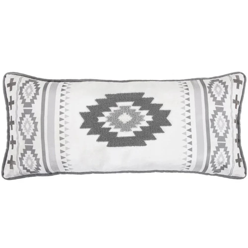 Southwestern lumbar pillow in white and grey with geometric crewel embroidered center - Your Western Decor