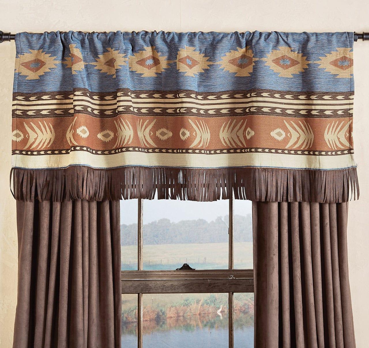 Badlands Blue Southwest rod pocket top Valance with faux leather fringe - Your Western Decor