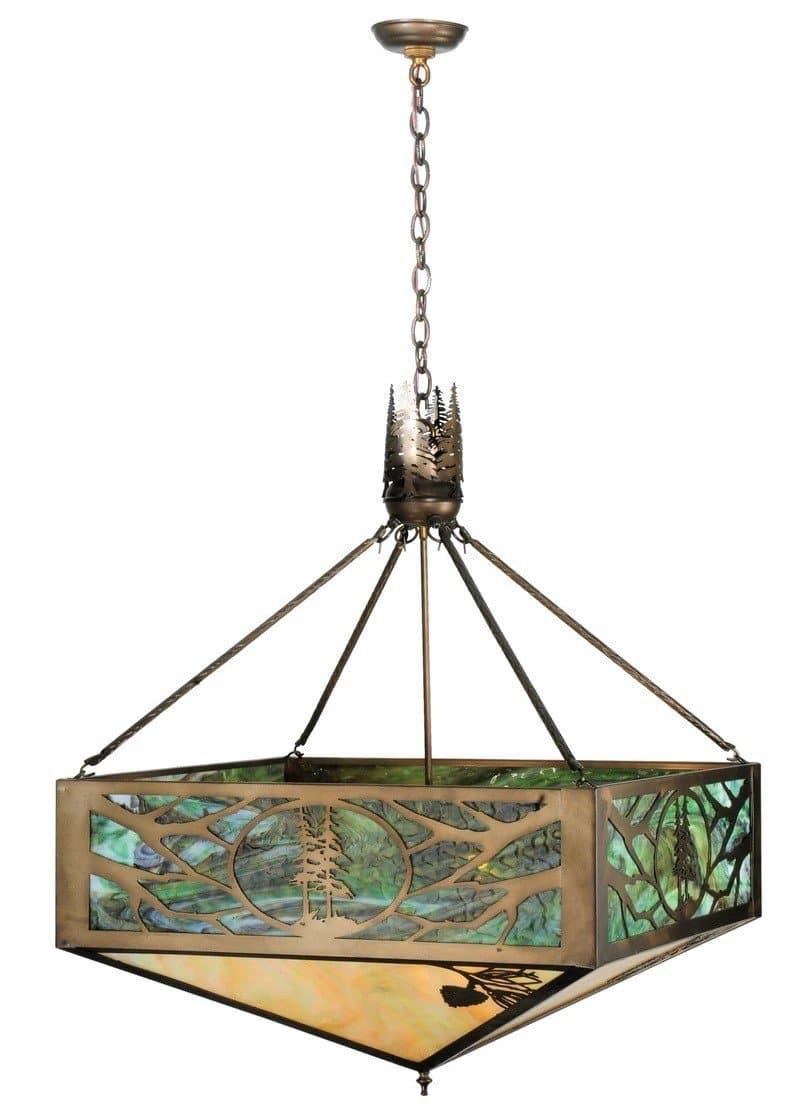 rustic western ceiling light featuring forest design with trees and pinecones in art glass and iron frame