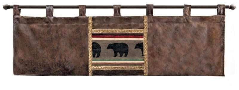 Rustic faux leather tab top valance with black bear motif center. Your Western Decor