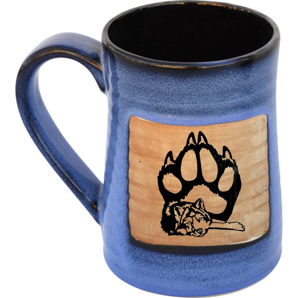 Handmade pottery drink tankard in blue with wolf and paw print - Made in the USA - Your Western Decor