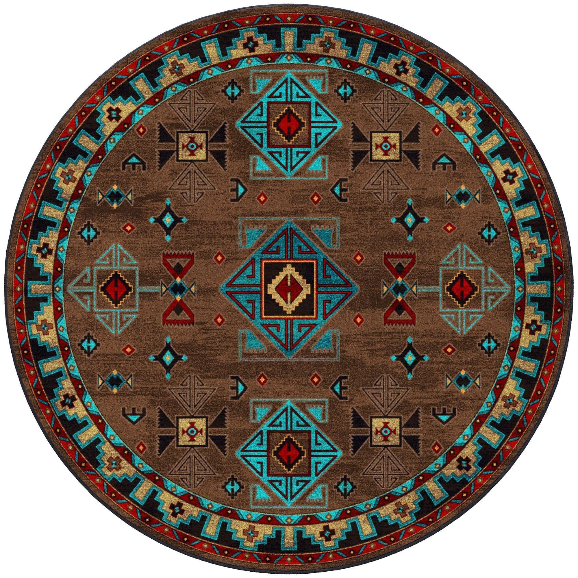 Blue Zircon Southwestern 8' Round Area Rug in geometric patterns of turquoise, red, beige and black over distressed brown background